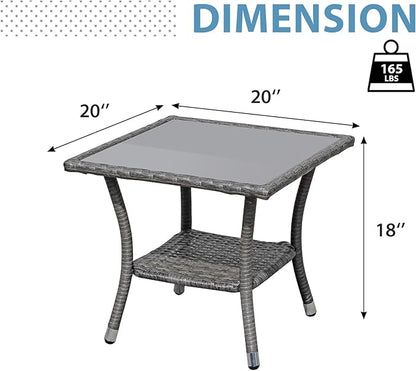 Super Patio Outdoor Side Table, 20" Square Wicker End Coffee Table with Tempered Glass Top, Aluminum Frame, Gray