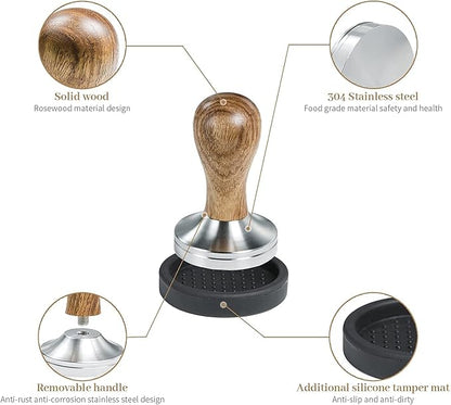 51mm Coffee Tamper With Mat - Espresso Press With 304 Stainless Steel Base and Wooden Handle - Barista Espresso Machines Accessory