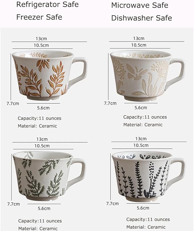 Ceramic Mug Set of 4, 11oz - Vintage Mug Cups for Coffee Milk Latte Cappuccino Tea, Porcelain Coffee Cups Set Christmas Gifts, Farmhouse Handmade Stoneware Cups Dishwasher Microwave Safe