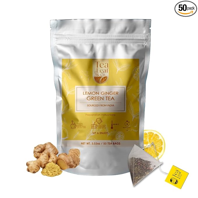 Lemon Ginger Green Tea Bags (50 Count), Green Tea with Orange Peel, Black Pepper & Mint Extract, Caffeinated, Real and Natural Green Tea, Blended with Fresh Herbs and Spices, Gluten Free