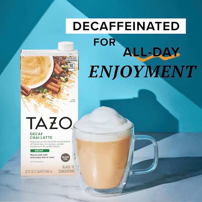 TAZO Decaf Chai Latte, Black Tea Concentrate, Easy-to-Serve Chai Tea for Everyday Lattes, Hot or Iced Tea and Mocktails, 32 oz Tea Mix Carton