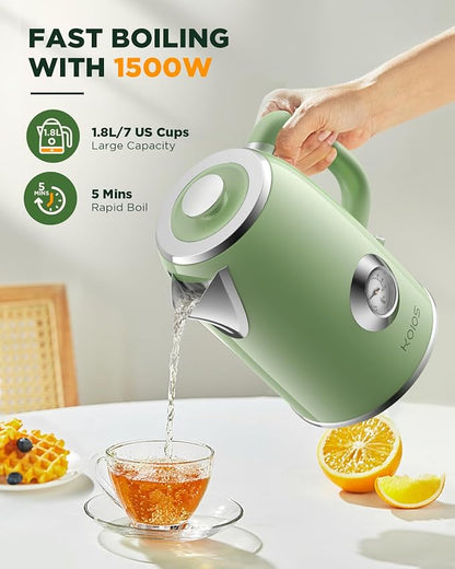 Electric Kettle 1.8L with Temperature Gauge, 1500W Fast Boiling Electric Tea Kettle, 100% Stainless Steel Retro-Style Hot Water Kettle Electric - Glowing LED Light, Auto Shut-Off & Boil-Dry Protection
