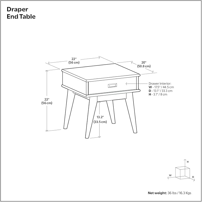 SIMPLIHOME Draper SOLID HARDWOOD 22 inch Wide Rectangle Mid Century Modern End Table in Teak Brown for the Living Room and Bedroom