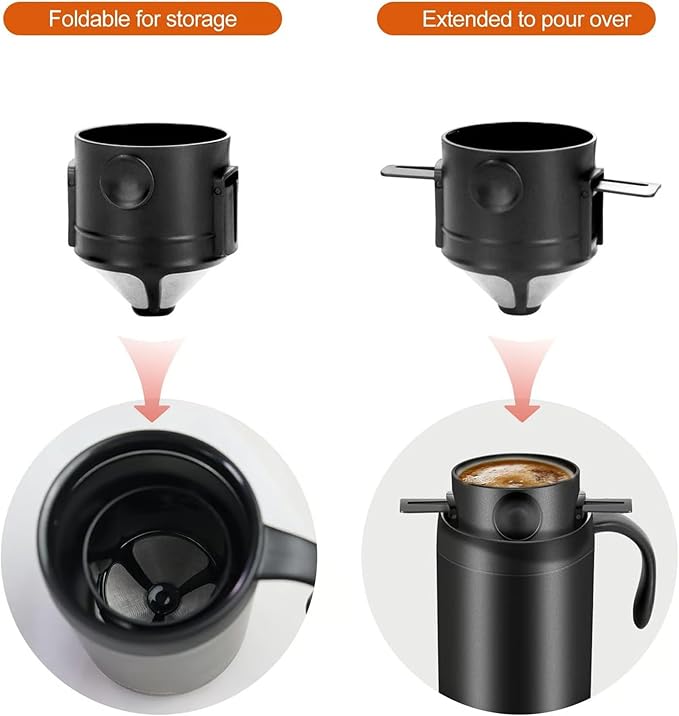 16oz Camping Coffee Maker Pour over Coffee Maker Set, Outdoor Portable Hand Drip Coffee Cup, Home Coffee Brewing and Filtering System, Double-Layer Vacuum 304 Stainless Steel (White)