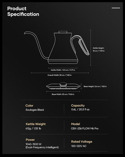 Cocinare FLOW M6 Pro Electric Gooseneck Kettle, ±0.5℉ Temperature Control for Pour-over Coffee & Tea, Stainless Steel Interior, Quick Heating for Boiling Water (Soulages Black)