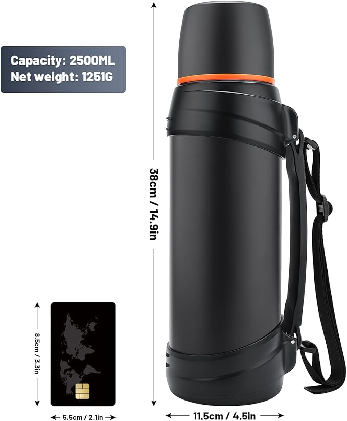 Large Thermosflask- 85oz Stainless Steel Insulated Bottle for Travel with BPA Free Cup - 2.5L Oversized Vacuum Insulated Thermoses with Handle and Strap for Hot & Cold Drinks(Black)