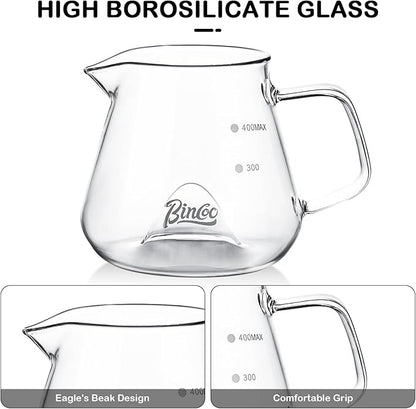 Bincoo Glass Coffee Server 400ml,Heat-Resistant Borosilicate Glass Coffee Carafe with Drip-Free Spout Clear Pitcher for Hot & Cold Beverages,Easy to Clean,Dishwasher Safe(Transparent)