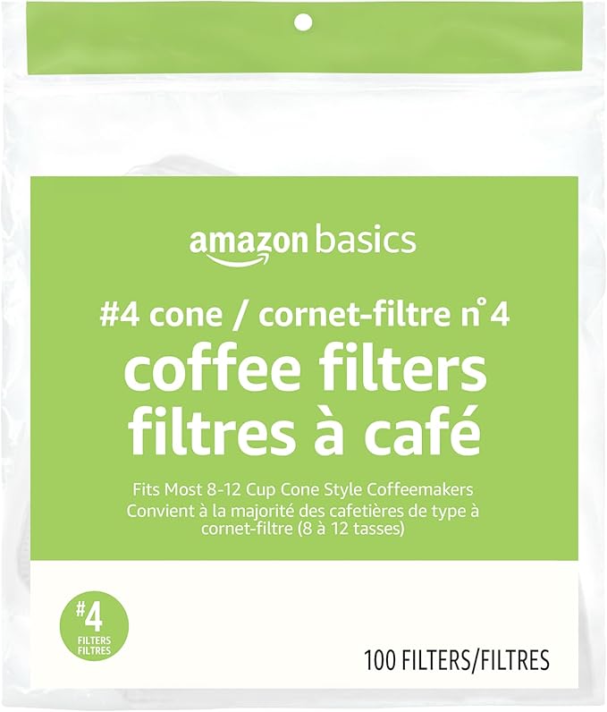 Amazon Basics Number 4 Cone Coffee Filters for 8-12 Cup Coffee Makers, White, 100 Count