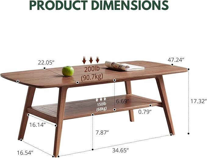 Wood Coffee Table - 100% Solid Oak Wood - Double Storage Coffee Table, Eco-Friendly Finish Center Table - Easy Assembly (Walnut, 47.24" D x 22.04" W x 17.32" H)