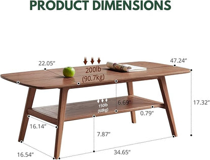 Wood Coffee Table - 100% Solid Oak Wood - Double Storage Coffee Table, Eco-Friendly Finish Center Table - Easy Assembly (Walnut, 47.24" D x 22.04" W x 17.32" H)