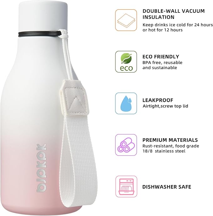 BJPKPK Insulated Water Bottles, 12oz Stainless Steel Metal Water Bottle with Strap, BPA Free Leak Proof Jugs, Mugs, Flasks, Reusable Thermal Flasks for Sports & Travel, Graceful Pink