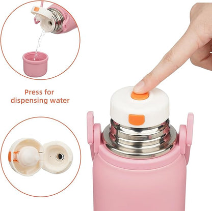 Insulated Water Bottle with Handle and Strap,Vacuum Travel Tumbler with Cup Lid,Thermo Coffee Cup for Hot Cold Drinks 50 OZ,Pink