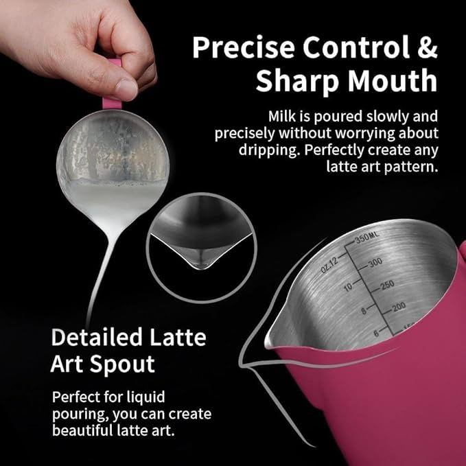 watchget Stainless Steel Milk Frothing Pitcher 12oz/350ml - Espresso Steaming Pitcher for Cappuccino, Latte Art, Coffee Machine Accessories Milk Jug Coffee Frother Cup, Rose Red