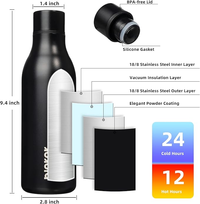 BJPKPK Insulated Water Bottles, 18 oz Stainless Steel Metal Water Bottle with Strap, BPA Free Leak Proof Jugs, Mugs, Flasks, Reusable Thermal Flasks for Sports & Travel, Black