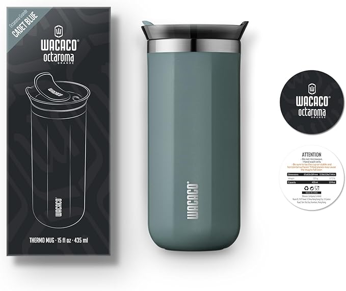 WACACO Octaroma Grande Vacuum Insulated Coffee Mug, 15 fl oz (435ml), Double-wall Stainless Steel Travel Tumbler With Drinking Lid, Cadet Blue