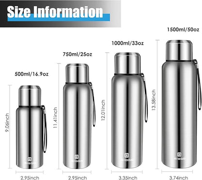 Insulated vacuum Thermo Bottle 1000ml/33.8oz with cup Stainless steel coffee bottles for hot and cold drink water flask.(Silver,1000ml)
