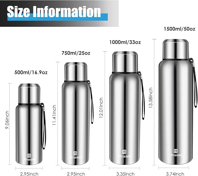 Insulated vacuum Thermo Bottle 750ml/25.4oz with cup Stainless steel coffee bottles for hot and cold drink water flask.(Silver,750ml)