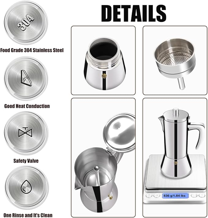 6 Cup Thickened 304 Stainless Steel Moka Pot Stovetop Espresso Maker Cafeteras Italian Percolator Espress Makers Capable Greca Mocha Coffee Machine for Induction Home and Camping 300ml 10oz