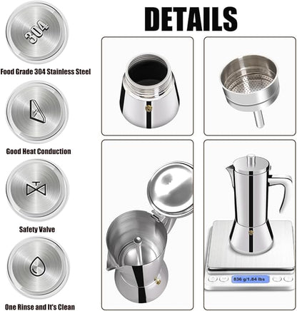 6 Cup Thickened 304 Stainless Steel Moka Pot Stovetop Espresso Maker Cafeteras Italian Percolator Espress Makers Capable Greca Mocha Coffee Machine for Induction Home and Camping 300ml 10oz