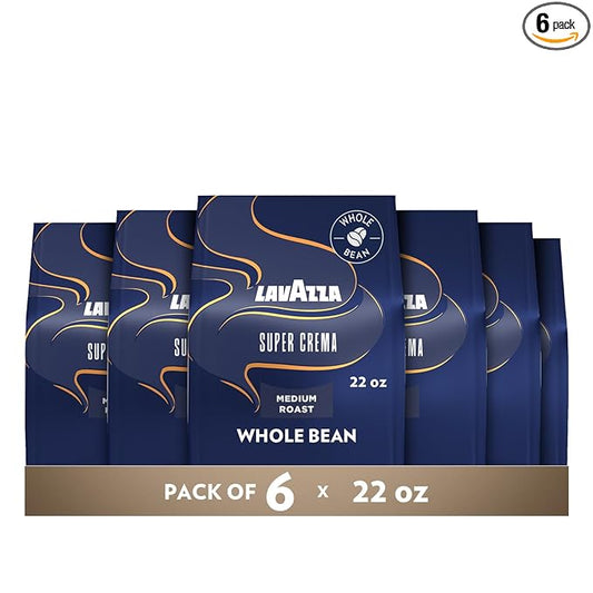 Lavazza Super Crema Whole Bean Coffee, Medium Espresso Roast, Arabica and Robusta Blend, 22 oz Bag (Pack of 6)