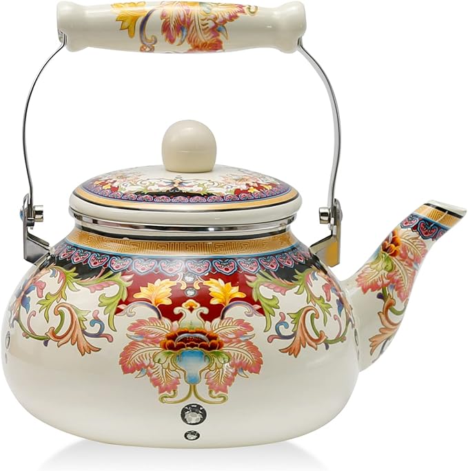 2.5L White Flowered Tea Kettle with Ceramic Handle, Floral Ceramic Enamel Teapot for Stovetop, No Whistle