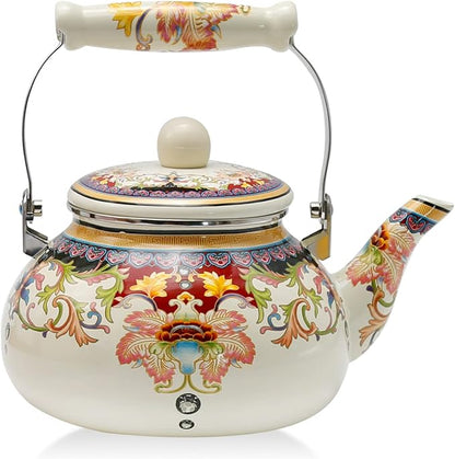 2.5L White Flowered Tea Kettle with Ceramic Handle, Floral Ceramic Enamel Teapot for Stovetop, No Whistle