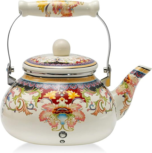 2.5L White Flowered Tea Kettle with Ceramic Handle, Floral Ceramic Enamel Teapot for Stovetop, No Whistle