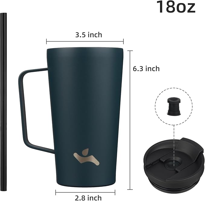 Insulated Tumbler with Handle and Straw, 18 OZ Travel Coffee Mug Stainless Steel Cup Metal Water Bottle,Navy Blue