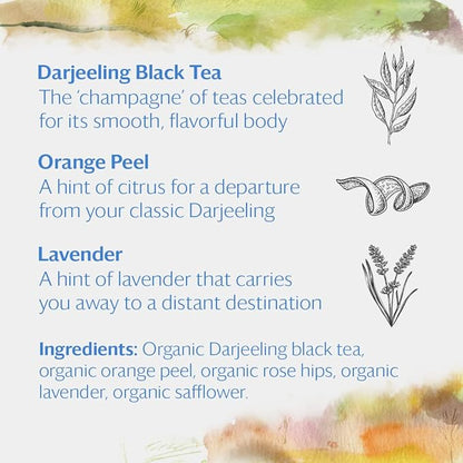 Grace Farms Organic Darjeeling Sunrise Black Tea, 16 Pyramid Sachets | Darjeeling & Orange | Fairtrade & Kosher |Gives Back 100% of Profits