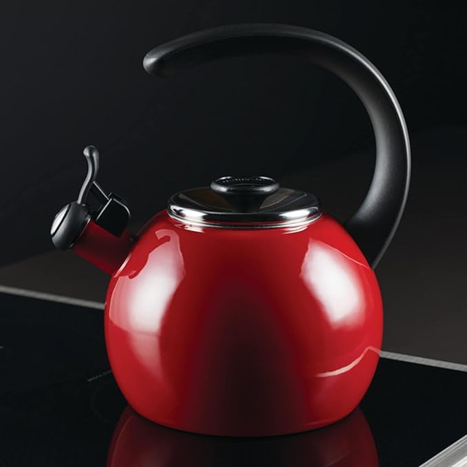 Circulon Enamel on Steel Whistling Teakettle/Teapot With Flip-Up Spout, 2 Quart - Red