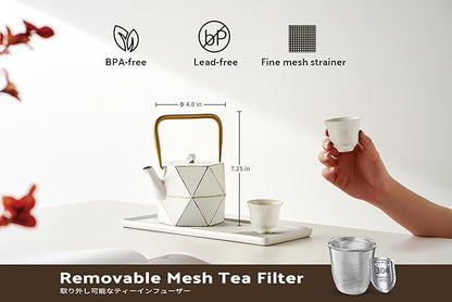 Toptier Cast Iron Teapot, Stovetop Safe Japanese Cast Iron Tea Kettle, Diamond Design Tea Pot with Removable Infuser for Loose Tea, 30 Ounce (900 ml), White
