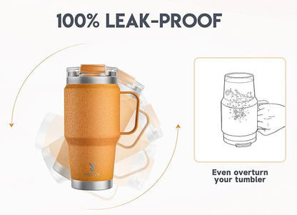 Meoky 24oz Travel Mug, Triple Insulated Stainless Steel Tumbler with Handle and 2-in-1 Straw and Sip Lid, 100% Leak Proof, Keeps Cold for 24 Hours or Hot for 8 Hours, Cupholder Friendly (Maple)