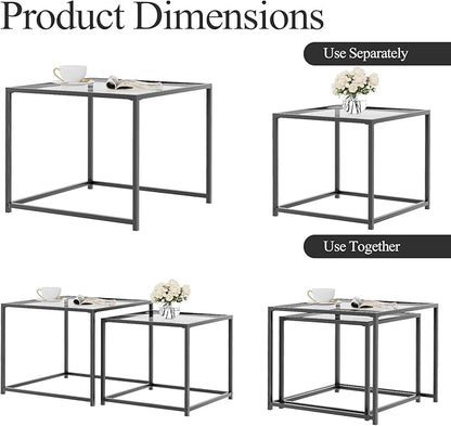 VILAWLENCE Coffee Table Set of 2, Modern Grey Glass Side Table, Metal Frame Square End Table, Center Tables, Nesting Coffee Table for Living Room, Bedroom and Small Spaces, 23.6in