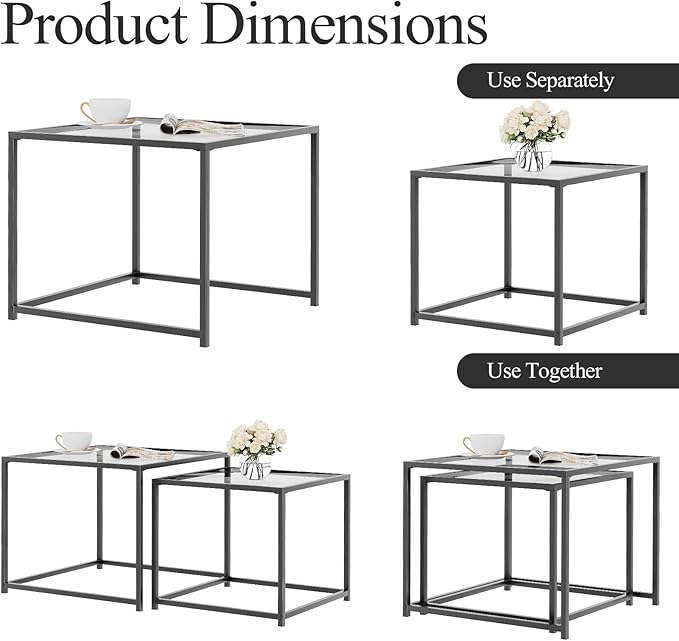 VILAWLENCE Coffee Table Set of 2, Modern Grey Glass Side Table, Metal Frame Square End Table, Center Tables, Nesting Coffee Table for Living Room, Bedroom and Small Spaces, 23.6in