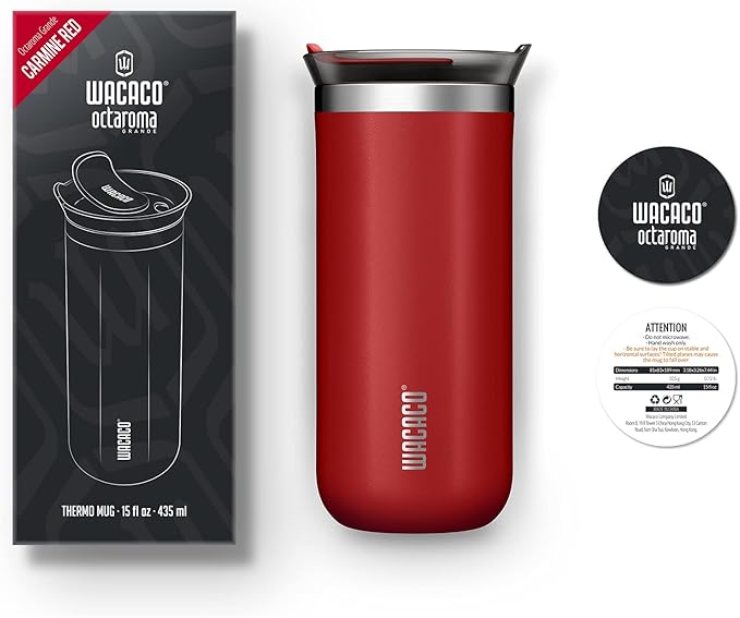 WACACO Octaroma Grande Vacuum Insulated Coffee Mug, 15 fl oz (435ml), Double-wall Stainless Steel Travel Tumbler With Drinking Lid, Carmine Red