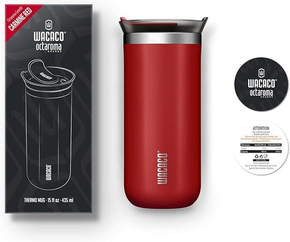 WACACO Octaroma Grande Vacuum Insulated Coffee Mug, 15 fl oz (435ml), Double-wall Stainless Steel Travel Tumbler With Drinking Lid, Carmine Red