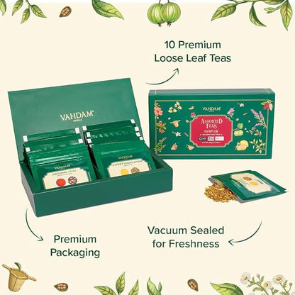 VAHDAM, Assorted Loose Leaf Tea Gift Set (10 Flavors) Gift Ideas for Women & Men | Herbal Tea, Green Tea, Chai Tea & Black Tea Sampler| Non-GMO, Gluten Free | Gifts for Him/Her
