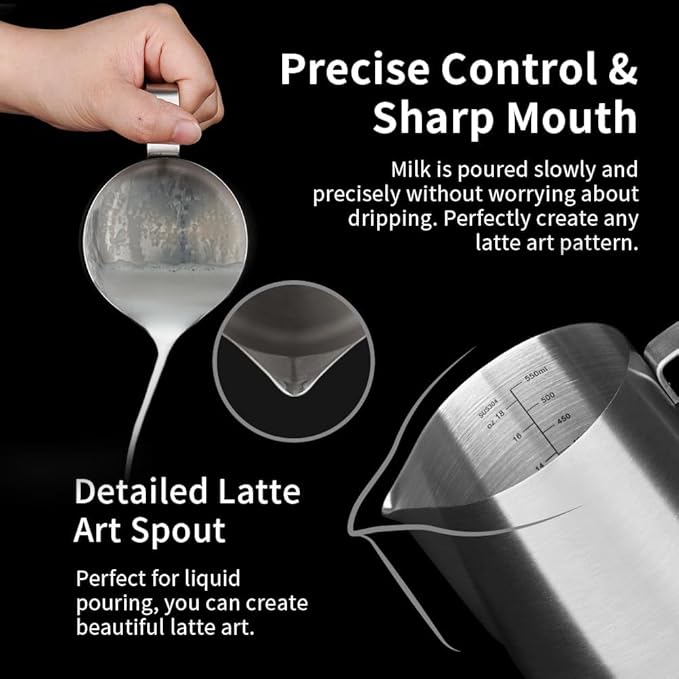 watchget Stainless Steel Milk Frothing Pitcher 20oz/600ml - Espresso Steaming Pitcher for Cappuccino, Latte Art, Coffee Machine Accessories Milk Jug Coffee Frother Cup, Matt Silver