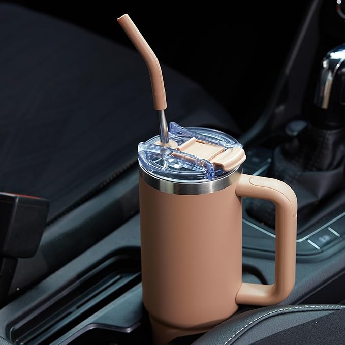 30 oz Tumbler with Handle, Tumbler with Lid and Straw, Double Wall Vacuum Insulated Travel Mug Stainless Steel Tumbler for Hot and Cold, Cupholder Friendly (Mocha)