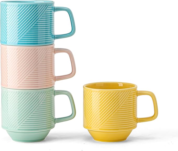 Stackable Coffee Mugs Set: 13 oz Ceramic Stacking Cups for Cappuccino Latte Tea - Microwave Safe Mug for Home & Office - 4 PCS, Light Color