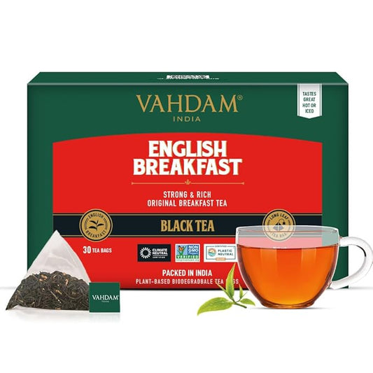 VAHDAM, English Breakfast Black Tea Bags (30 Count) High Caffeine | Strong, Robust & Flavoury | Individually Wrapped Pyramid Tea Bags | Full Bodied Black Tea Leaves