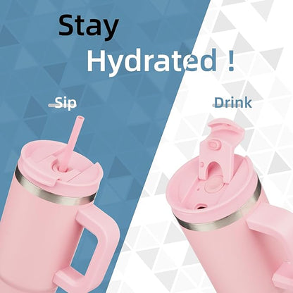 40 oz Tumbler with Handle and 2 Straws,2 in 1 Lid Insulated Water Bottle Stainless Steel Travel Coffee Mug,Pink