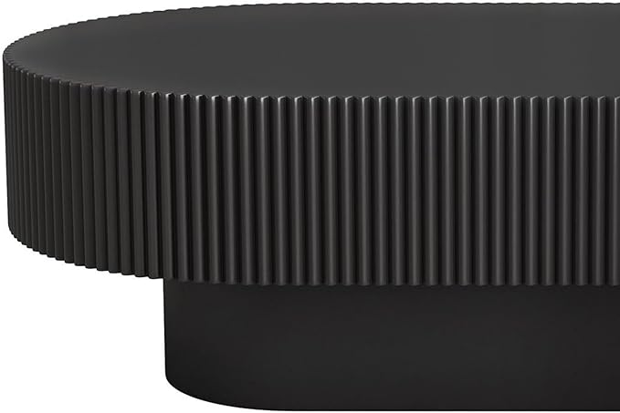 43.3 Inch Oval Drum Coffee Table, Modern Handcraft Fluted Drum Coffee Table, Wooden Oval Center Table Cocktail Table with Stable Pedestal for Living Room Apartment (Black)