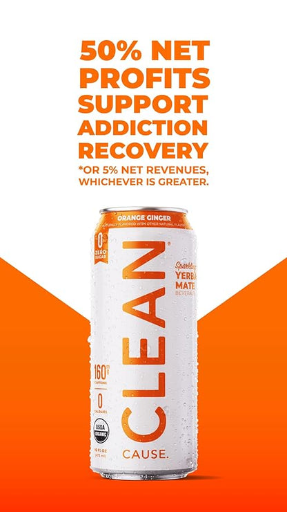 CLEAN Cause Zero Sugar Orange Ginger Yerba Mate Tea Sparkling, USDA Organic Energy Drink Alternative, Zero Calorie, 160mg Natural Caffeine, Soda Alternative, Plant-Based (16oz cans, 12-Pack Case)