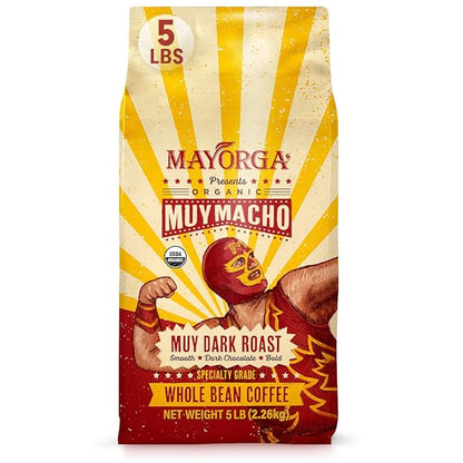 Mayorga Intense Dark Roast Coffee, 5 lb bag - Muy Macho Blend, the World's Strongest Organic Coffee - 100% Arabica Whole Coffee Beans - Bold Flavor - Specialty Grade, Non-GMO, Direct Trade