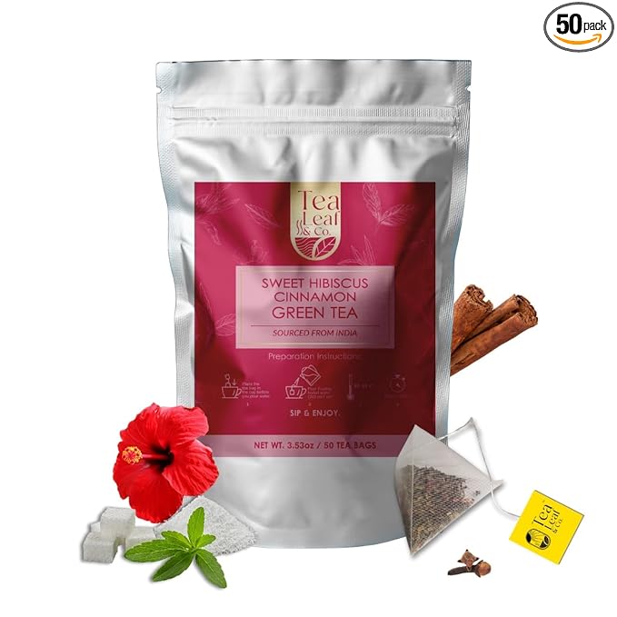 Sweet Hibiscus Cinnamon Green Tea Bags (50 Count), Caffeinated, Real and Natural, Blended with Fresh Herbs and Spices, Gluten Free