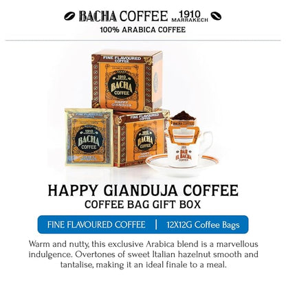 Bacha Coffee | Happy Gianduja Fine Flavoured, 100% Arabica Specialty Coffee Beans, Medium Roast, x12 Individually Wrapped Single Serve Filter Bags