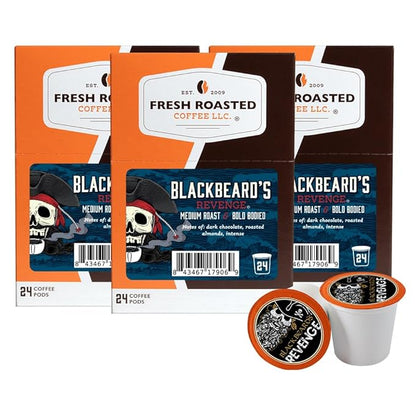 Fresh Roasted Coffee, Blackbeard's Revenge, Medium Roast, 72 Pods for K Cup Brewers