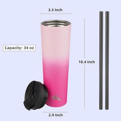 34 OZ Insulated Tumbler with Lid and 2 Straws Stainless Steel Water Bottle Vacuum Travel Mug Coffee Cup,Cherry