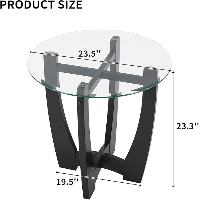 Glass End Table, 23.5" Round Side Tables with Tempered Glass Top Cross and Solid Wood Base Small Night Stand for Living Room Office Apartment Black